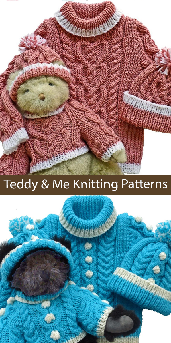 Teddy and Me Knitting Patterns Matching Sweater and Hat Toy and Child