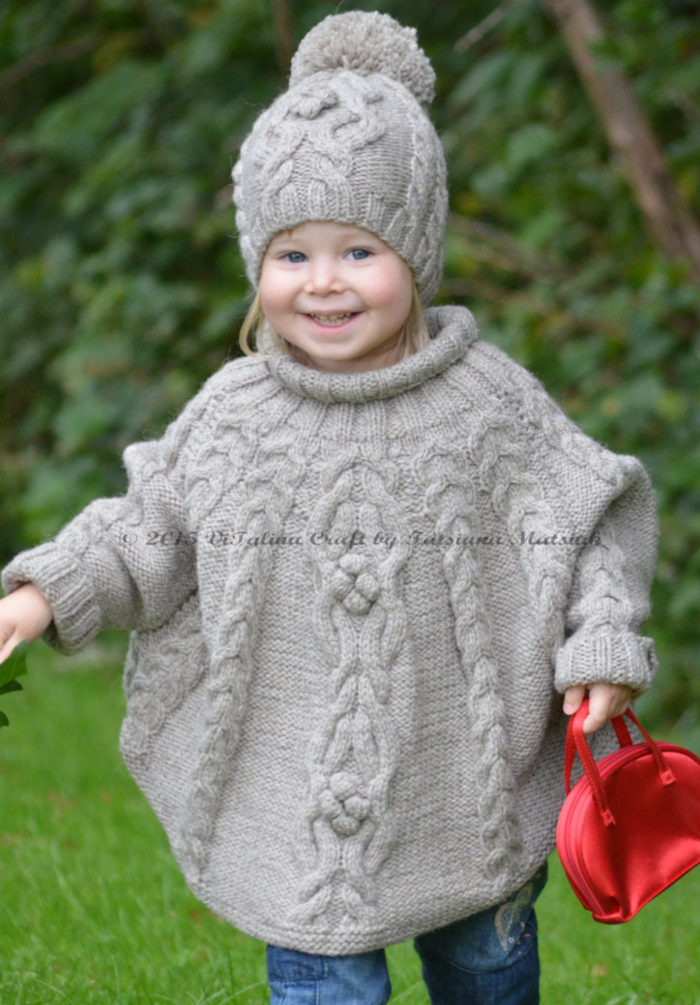 Girls Cable Poncho & Hat Knitting Pattern PDF Childrens 