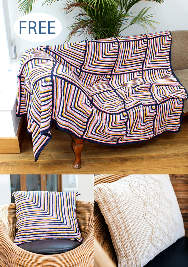 Free Blanket Knitting Pattern Striped Mitered Throw and Pillows