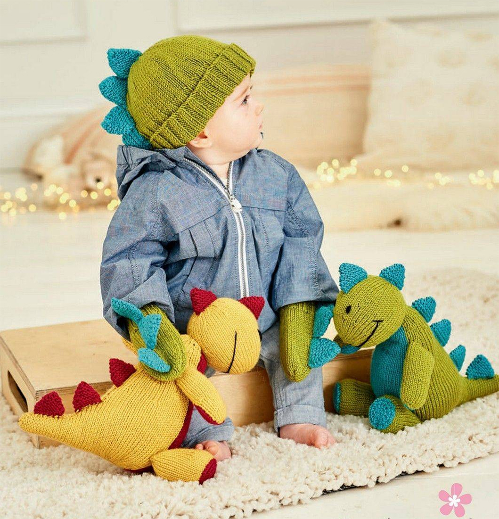 Knitting Patterns Dinosaur Toy, Hat and Mittens