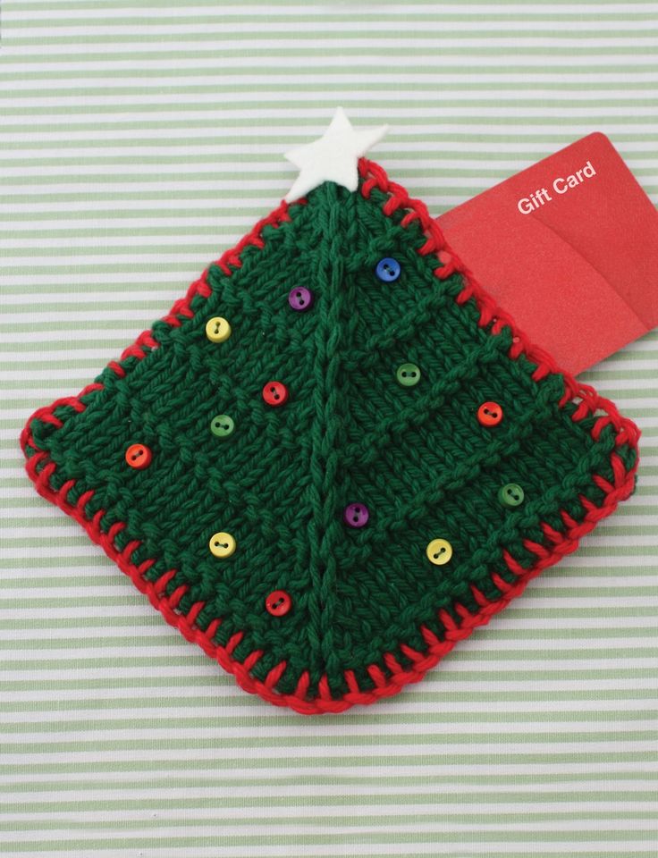 Free knitting pattern for Christmas Tree Gift Card Cozy and more gift wrap knitting patterns