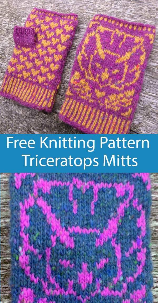 Free Knitting Pattern for Triceratops Dinosaur Fingerless Mitts