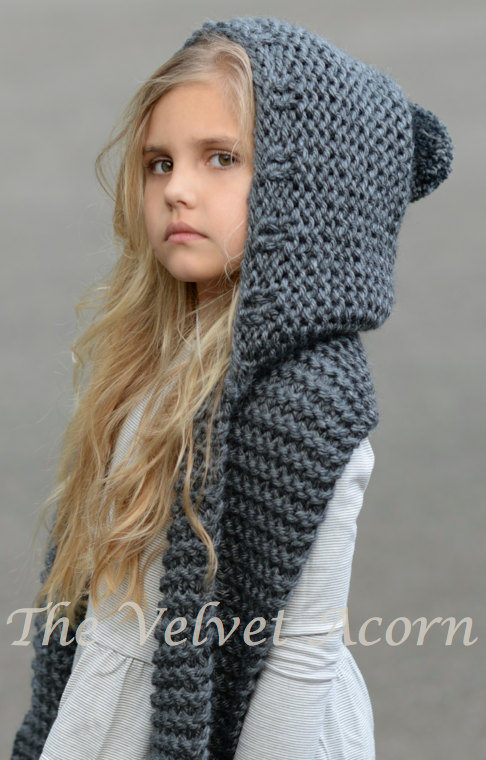 Knitting Pattern for Adult and Child Sized Hooded Scarf