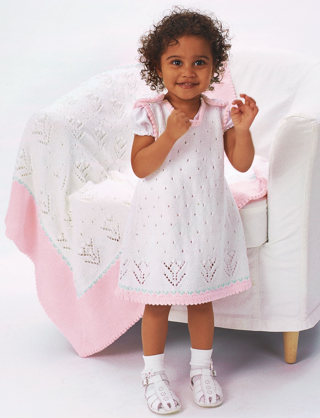 Free knitting pattern for baby and child dress with matching blanket Tulip Dress and Blanket