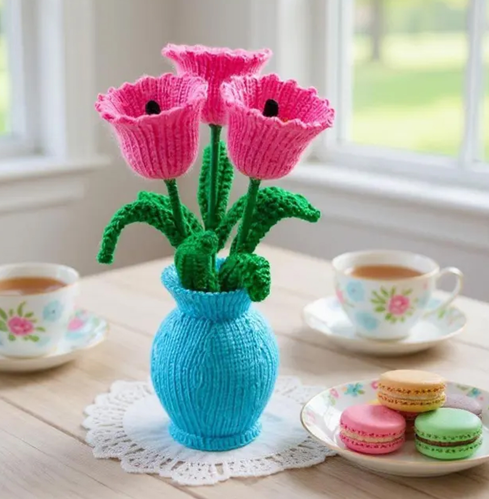 Tulip Flowers in a vase Knitting Pattern Great Stashbuster