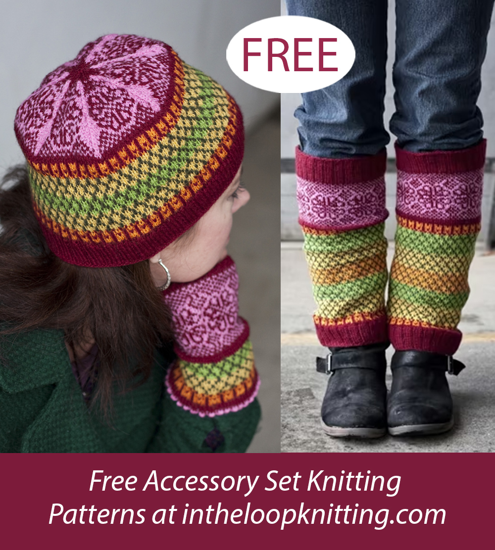 Free Wheel of Hearts Legwarmers, Hat, and Fingerless Mitts Knitting Pattern Set