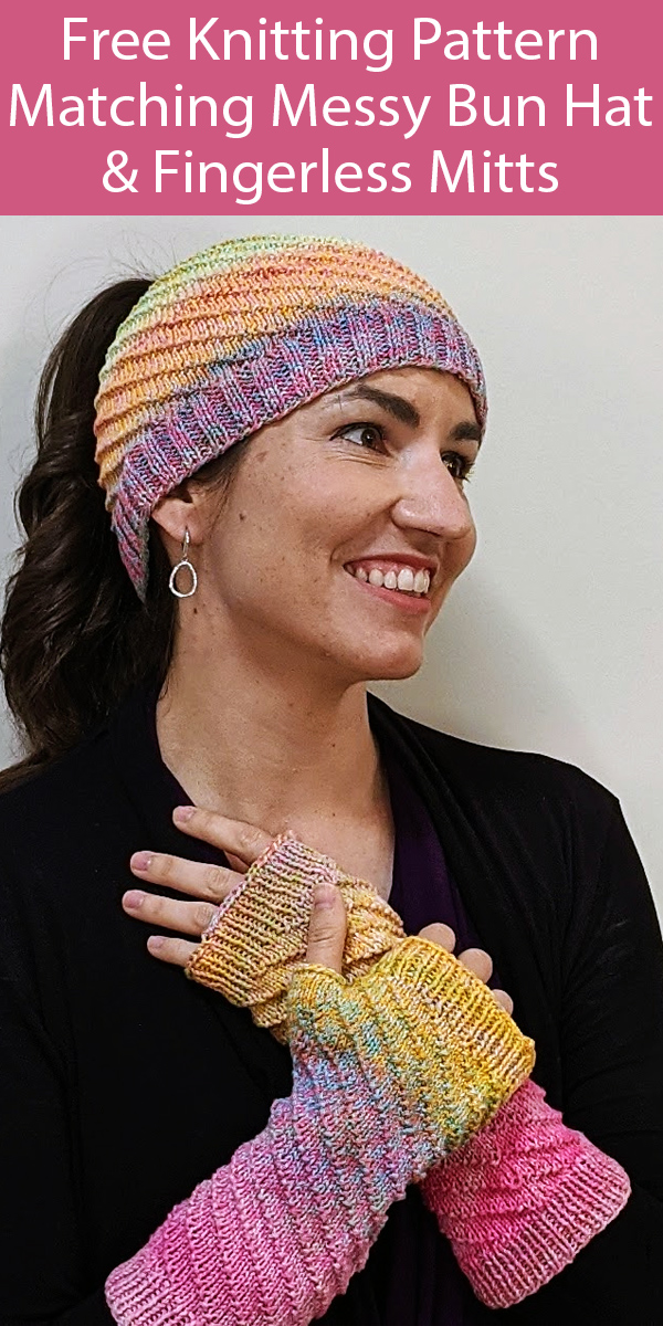 Free Knitting Pattern for Matching Messy Bun Beanie Hat and Fingerless Mitts Set