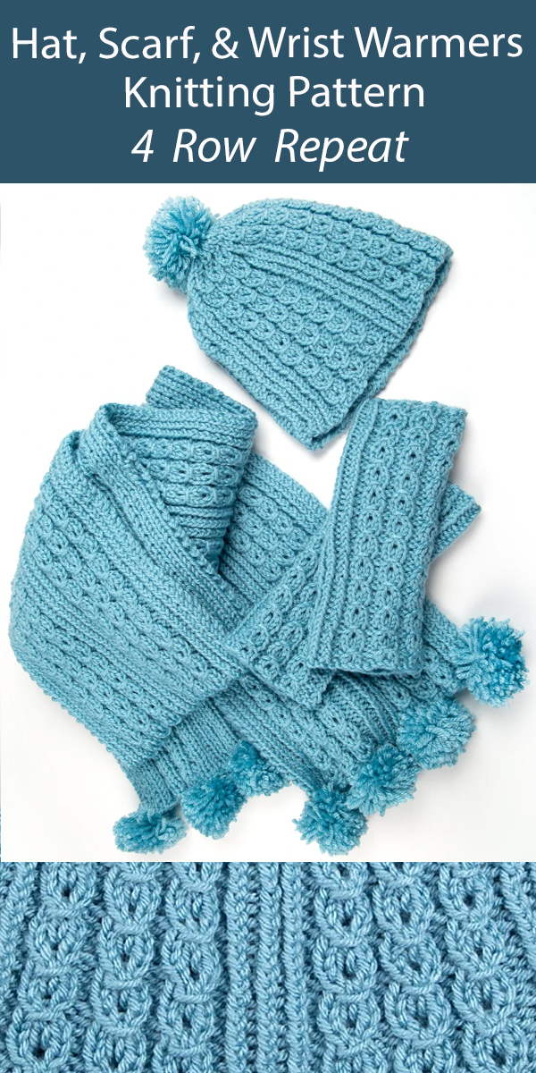 Matching Hat, Scarf, & Wrist Warmers Knitting Pattern Set 4 Row Repeat